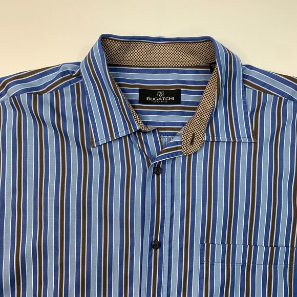 Bugatchi Uomo Shirt Mens XL Extra Large Blue Brown Flip Cuff Button Up Striped - Picture 4 of 12